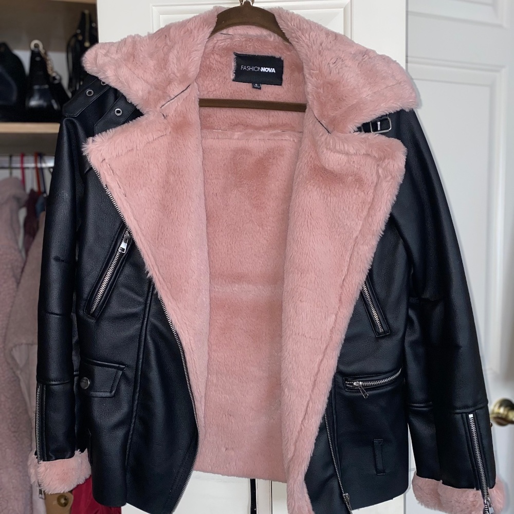 Fashionnova Black Leather Aviator Jacket w/ Pink Fur In-line!